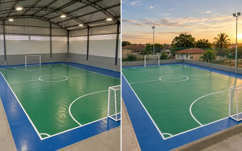 Duas quadras de futsal com piso verde e faixa azul lado a lado: uma num ginásio coberto, outra ao ar livre ao entardecer