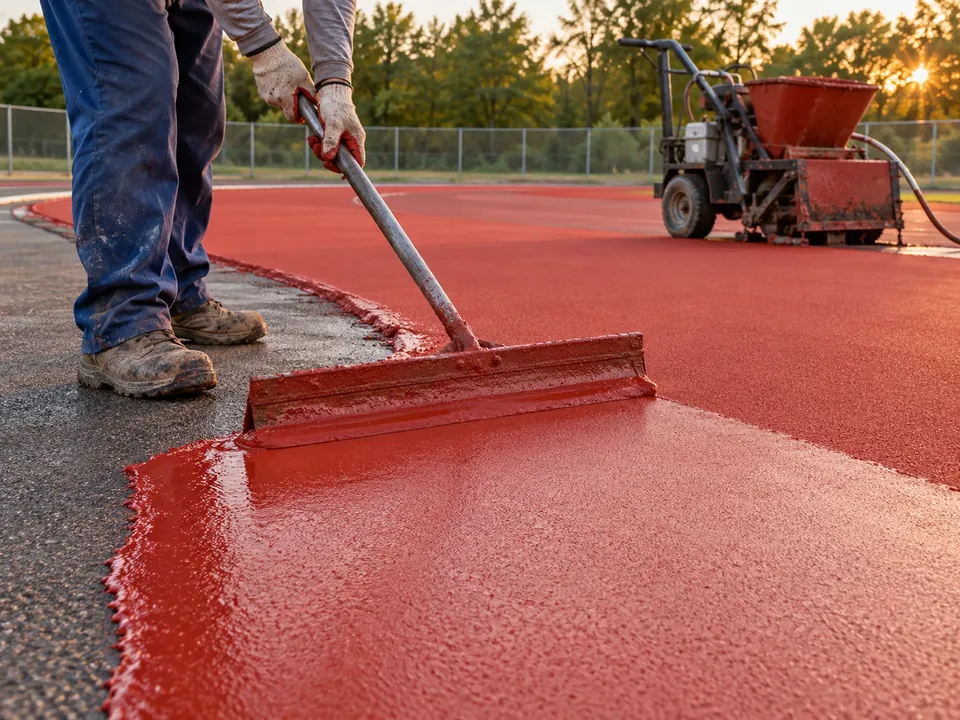 Aplicação do revestimento vermelho numa pista de atletismo em obra