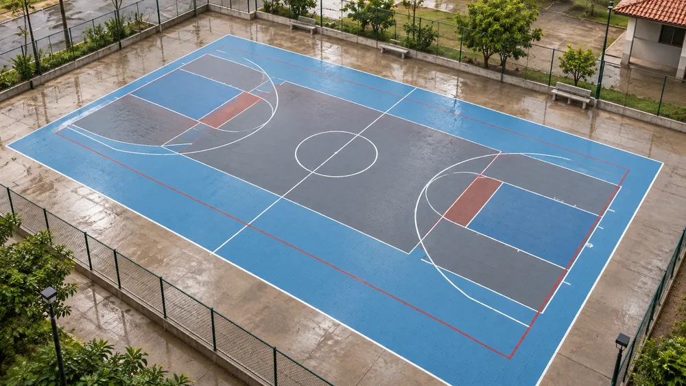 Quadra externa com piso modular de polipropileno escoando a água da chuva