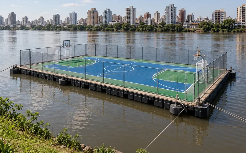 Ilustração de quadra poliesportiva sobre plataforma flutuante num rio urbano