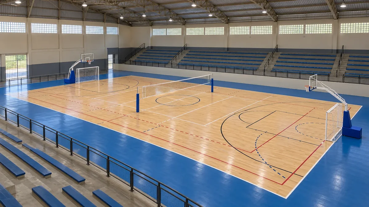 Ginásio poliesportivo coberto com piso de madeira flutuante e demarcações de várias modalidades