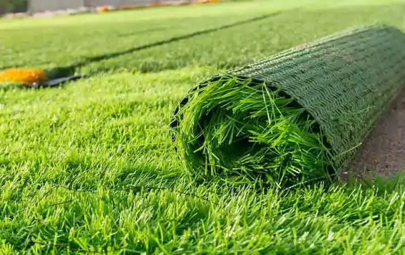 Rolo de grama sintética aberto sobre um gramado verde, com os fios e a manta de base à mostra