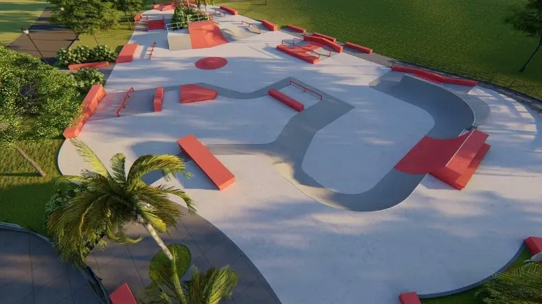 Projeto em perspectiva de uma pista de skate de concreto com obstáculos vermelhos de street e um bowl, cercada de gramado e palmeiras