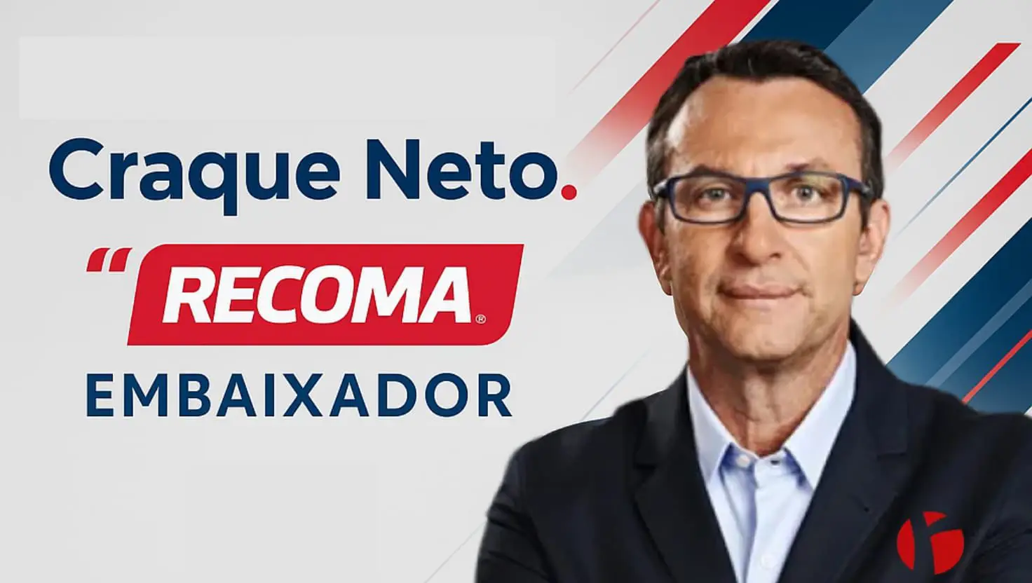 Arte com o ex-jogador Craque Neto de terno à direita e, à esquerda, o nome dele, a marca Recoma e a palavra embaixador