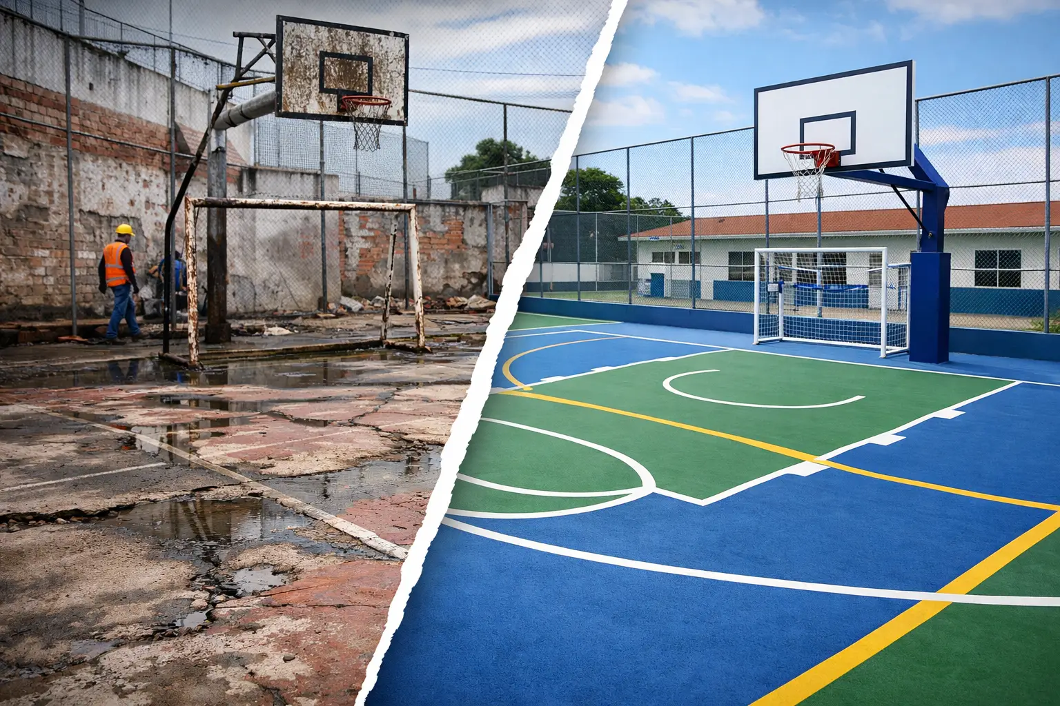 Quadra de basquete dividida ao meio: de um lado o piso rachado e alagado antes da reforma, do outro o piso azul e verde com linhas novas depois da revitalização